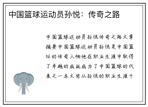 中国篮球运动员孙悦：传奇之路